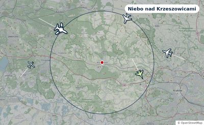 Mapa okolic miasta z sylwetkami samolotów — Niebo nad Krzeszowicami na żywo