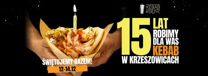 Grafika promocyjna wydarzenia 15. Urodziny Kebab Księżyc w Krzeszowicach