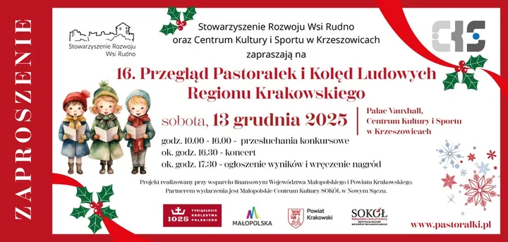 Grafika promocyjna wydarzenia 16. Przegląd Pastorałek i Kolęd Ludowych Regionu Krakowskiego — Krzeszowice 2025