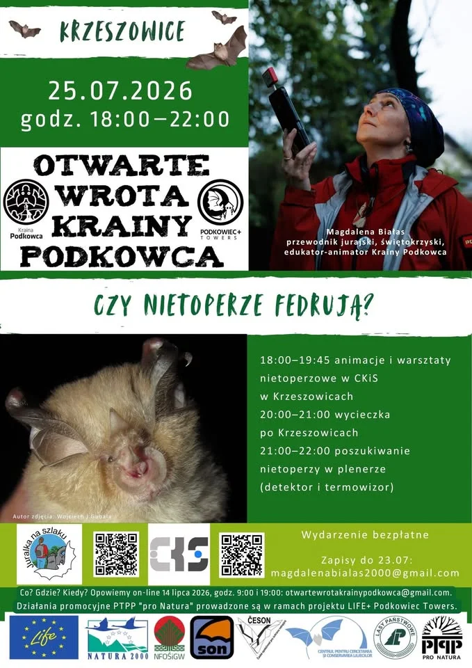 Grafika promocyjna wydarzenia Czy nietoperze fedrują? Otwarte Wrota Krainy Podkowca w Krzeszowicach