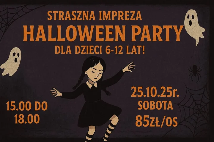Obrazek przedstawia grafikę promocyjną wydarzenia Halloweenowy bal dla dzieci: warsztaty, konkursy i zabawy taneczne