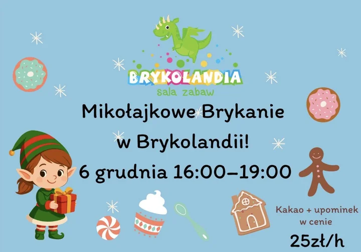 Grafika promocyjna wydarzenia Mikołajkowe Brykanie w Brykolandii — świąteczne popołudnie dla dzieci