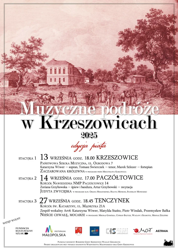 Obrazek przedstawia grafikę promocyjną wydarzenia Koncerty jesienne: Muzyczne Podróże w Gminie Krzeszowice 2025