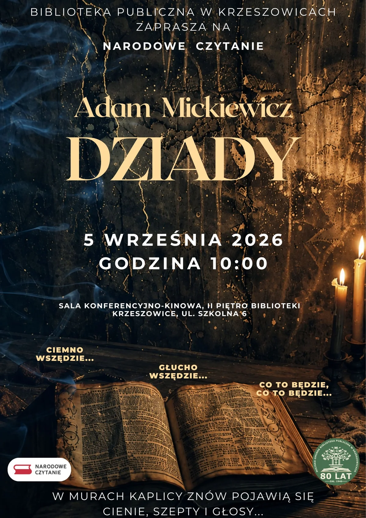 Grafika promocyjna wydarzenia Narodowe Czytanie „Dziadów” Adama Mickiewicza