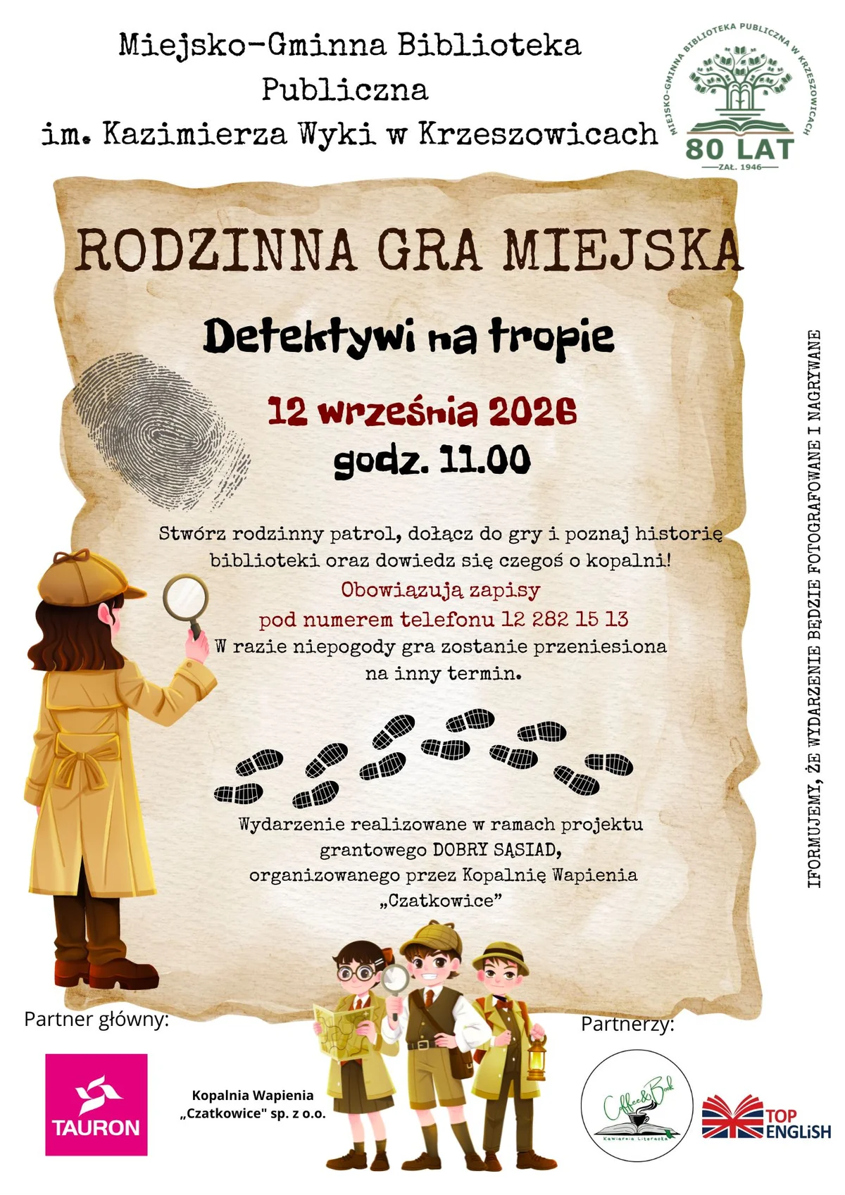 Grafika promocyjna wydarzenia Rodzinna Gra Miejska „Detektywi na tropie”