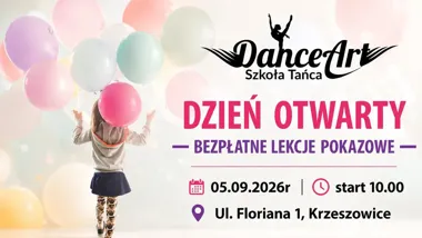 Grafika promocyjna wydarzenia Dzień Otwarty w DanceArt w Krzeszowicach – bezpłatne lekcje pokazowe 5 września 2026