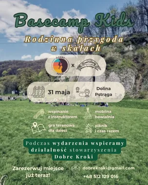 Grafika promocyjna wydarzenia Basecamp Kids w Dolinie Pstrąga w Dubiu – rodzinna przygoda w skałach