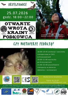 Grafika promocyjna wydarzenia Czy nietoperze fedrują? Otwarte Wrota Krainy Podkowca w Krzeszowicach