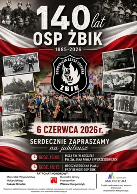 Grafika promocyjna wydarzenia Jubileusz 140-lecia OSP Żbik w Krzeszowicach — program, miejsce i szczegóły uroczystości