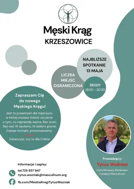 Grafika promocyjna wydarzenia Męski Krąg Masculinum w Krzeszowicach startuje 13 maja
