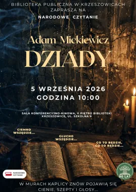 Grafika promocyjna wydarzenia Narodowe Czytanie „Dziadów” Adama Mickiewicza