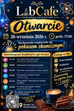 Grafika promocyjna wydarzenia LabCafe: wielkie otwarcie