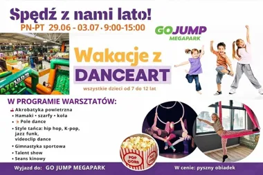 Grafika promocyjna wydarzenia Wakacje z DanceArt 2026 – półkolonie taneczne i akrobatyczne dla dzieci 7–12 lat